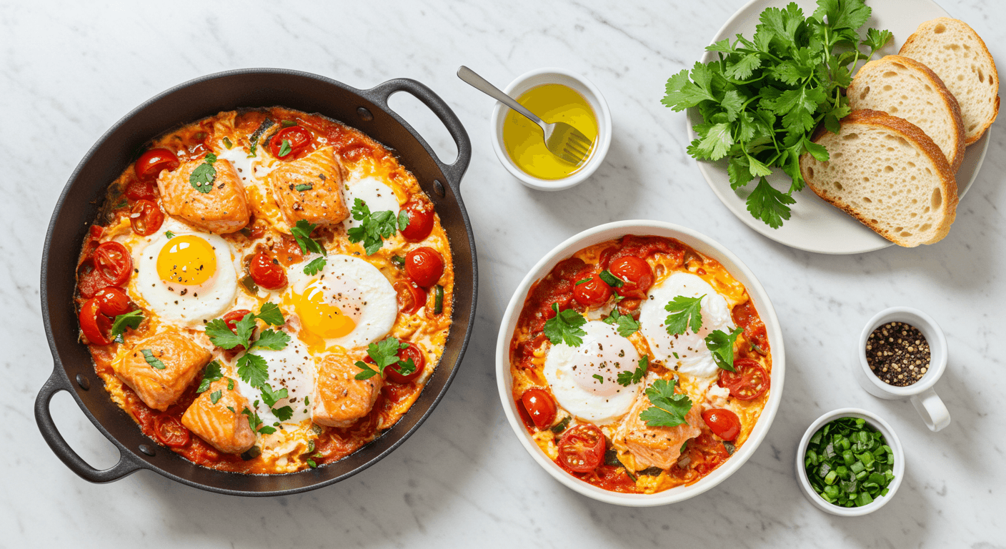 Mediterranean Salmon Shakshuka with Poached Eggs