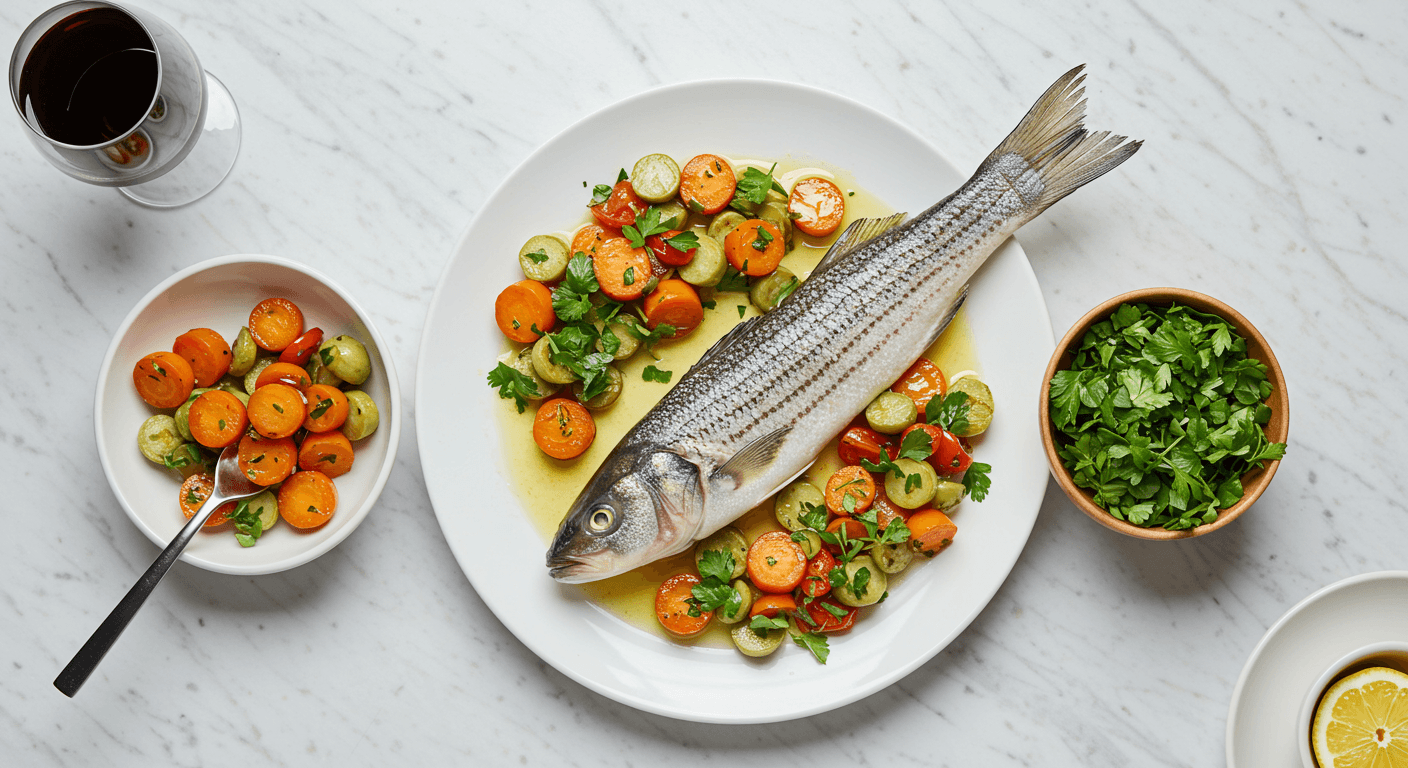 Per Se Inspired Pan-Seared Striped Bass with Spring Vegetables & Lemon-Herb Butter Sauce
